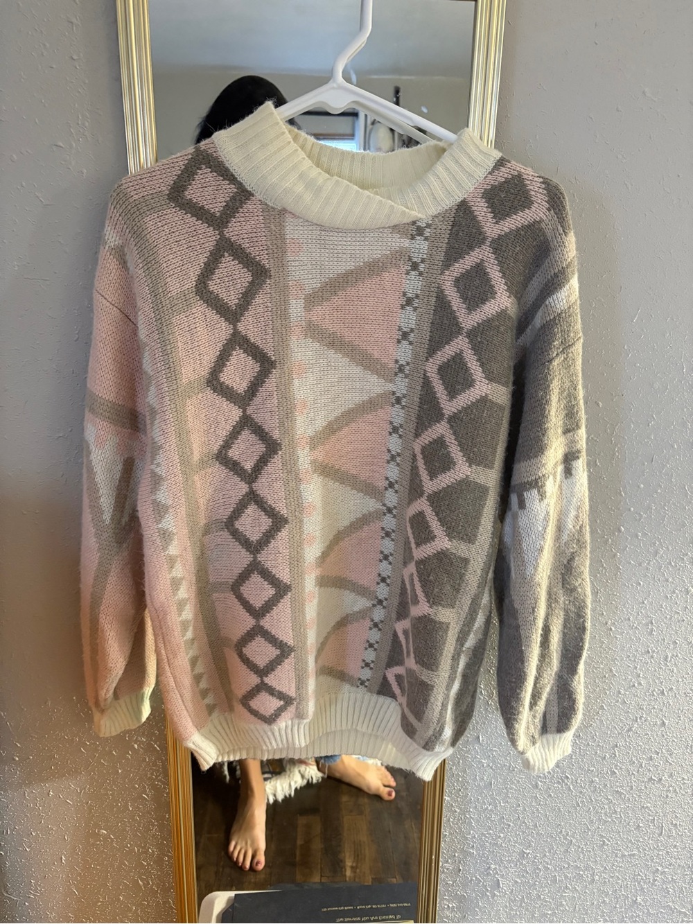 Vintage Pink, Gray & Cream Geometric Crewneck Sweater